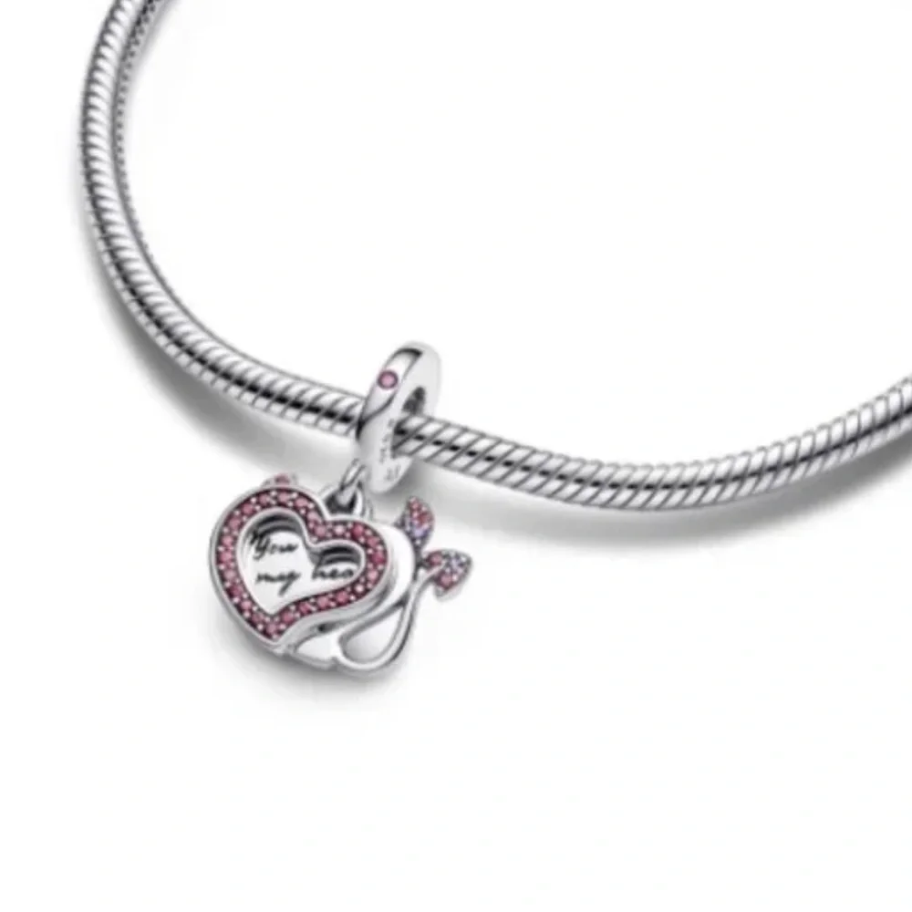 S925 Sterling Silver Devil Heart Double Dangle Charm - NWT